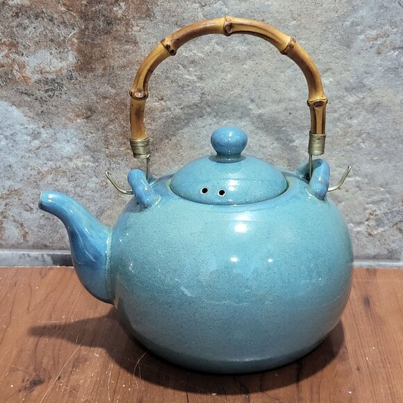 Linens and Things Zen Stoneware Teapot Green Bamboo Handle 6 Cups Capacity - Picture 12 of 16